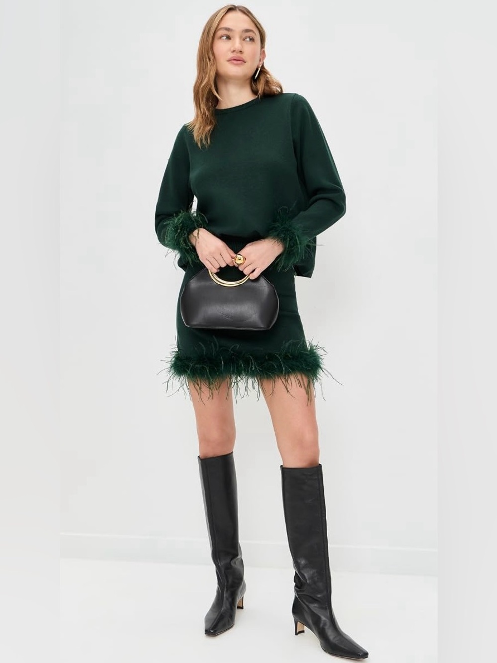Never Fully Dressed Dark Green Feather-Trim Skirt Set